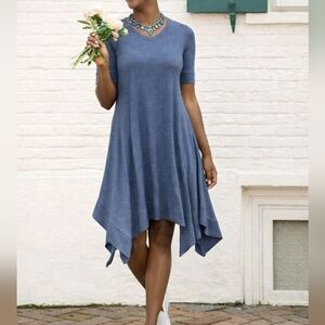 Logo Lounge Womens Blue V-Neck Handkerchief Hem Jersey T-Shirt Dress Size M